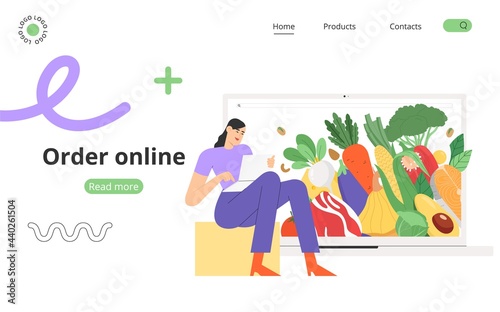 Concept of order food online. Flat vector illustration with dietetic or organic products or balanced nutrition. A young woman uses a mobile app or website to order or delivery.

