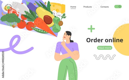 Concept of order food online. Flat vector illustration with dietetic or organic products or balanced nutrition. A young woman uses a mobile app or website to order or delivery.
