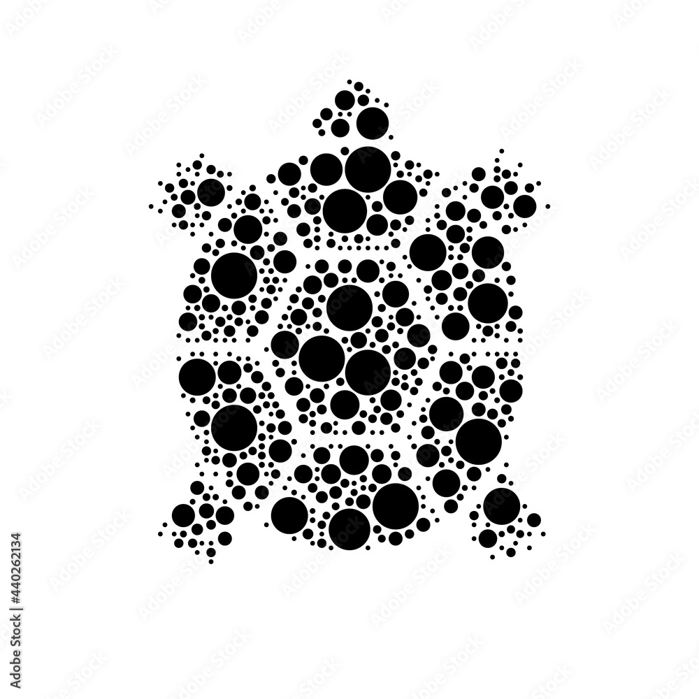 A large turtle symbol in the center made in pointillism style. The center symbol is filled with black circles of various sizes. Vector illustration on white background A large turtle symbol in the center made in pointillism style. The center symbol is filled with black circles of various sizes. Vector illustration on white background