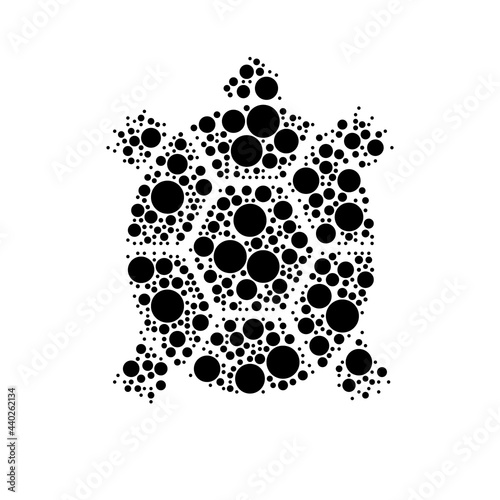 A large turtle symbol in the center made in pointillism style. The center symbol is filled with black circles of various sizes. Vector illustration on white background