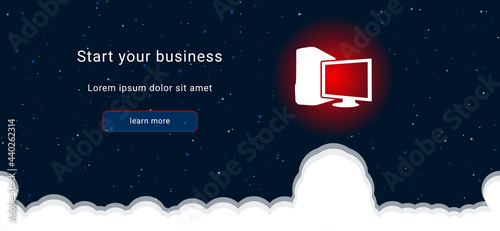 Business startup concept Landing page screen. The desktop symbol on the right is highlighted in bright red. Vector illustration on dark blue background with stars and curly clouds from below