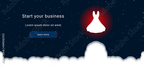 Business startup concept Landing page screen. The flared dress symbol on the right is highlighted in bright red. Vector illustration on dark blue background with stars and curly clouds from below