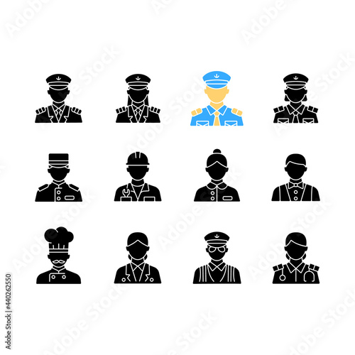 Cruise and hotel staff black glyph icons set on white space. Service providers for customers. Comfortable vacation. Proffesional crew controlling. Silhouette symbols. Vector isolated illustration