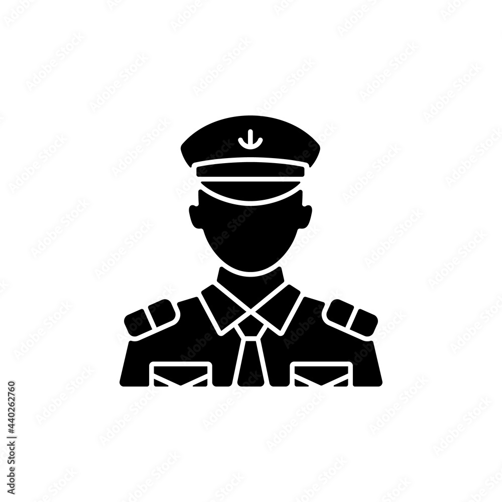 Male chief officer black glyph icon. Helping captain organize comfortable trip. Controlling crew. Cruise travel for visitors. Silhouette symbol on white space. Vector isolated illustration Male chief officer black glyph icon. Helping captain organize comfortable trip. Controlling crew. Cruise travel for visitors. Silhouette symbol on white space. Vector isolated illustration