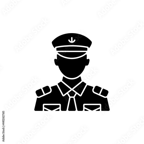 Male chief officer black glyph icon. Helping captain organize comfortable trip. Controlling crew. Cruise travel for visitors. Silhouette symbol on white space. Vector isolated illustration