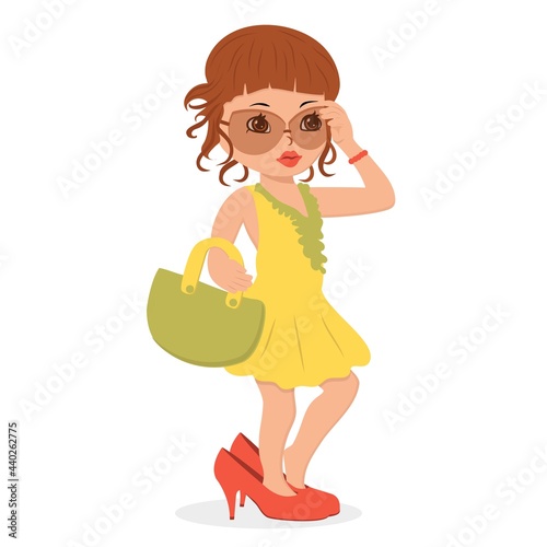 Beautiful girl fashionista in her mother's shoes with a handbag. Vector flat illustration. © Sviatlana
