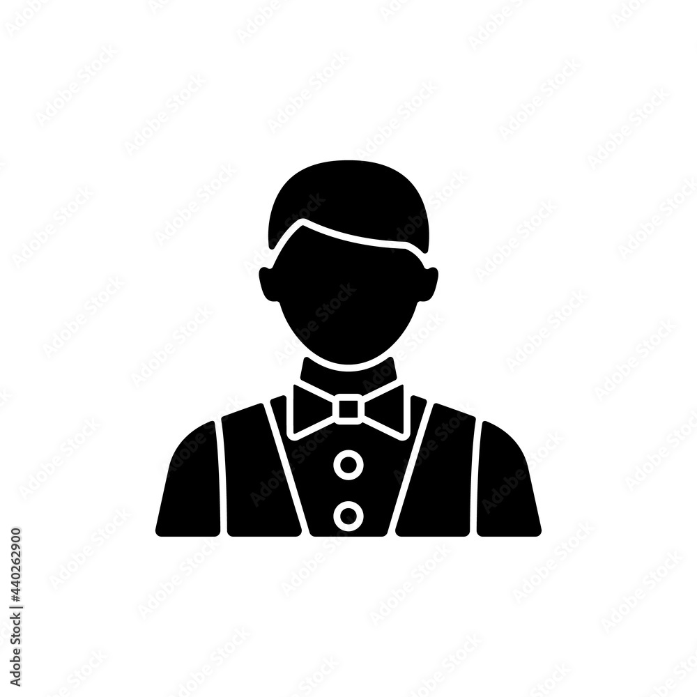 Waiter and barman black glyph icon. Serving foods in restaurants and dining rooms. Making meals for passengers during vacation. Silhouette symbol on white space. Vector isolated illustration Waiter and barman black glyph icon. Serving foods in restaurants and dining rooms. Making meals for passengers during vacation. Silhouette symbol on white space. Vector isolated illustration