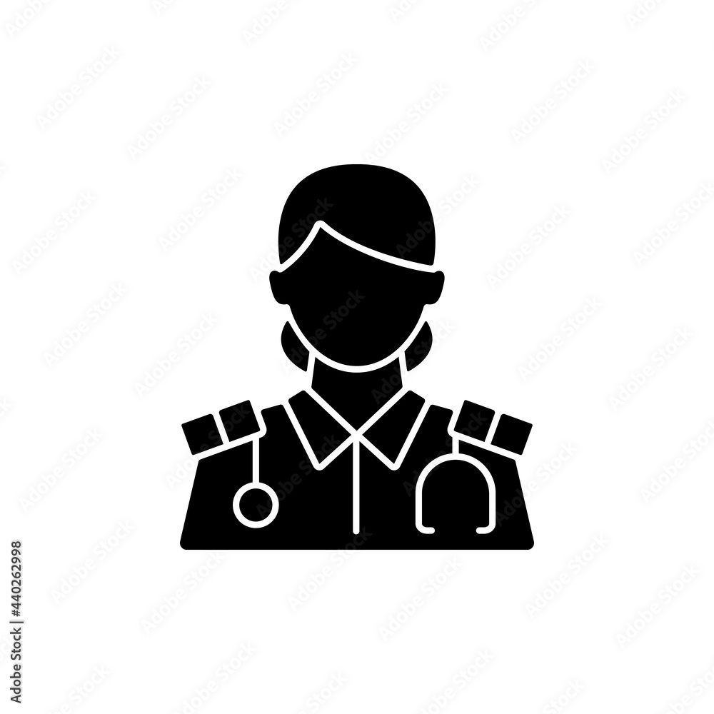 Cruise ship nurse black glyph icon. Proffesional medical help for customers. Health care during traveling. Passengers treatment plan. Silhouette symbol on white space. Vector isolated illustration