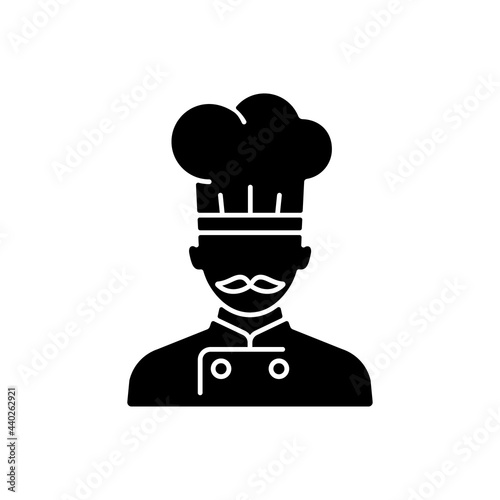 Ship cook black glyph icon. Food preparation for passengers. Making meals during traveling. Serving eatery for customers. Silhouette symbol on white space. Vector isolated illustration