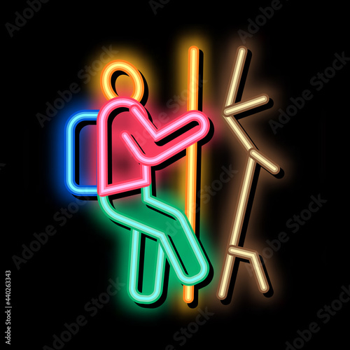 alpinist climbing neon light sign vector. Glowing bright icon alpinist climbing sign. transparent symbol illustration