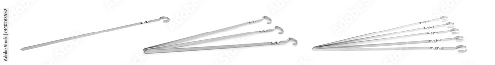 Set with metal skewers on white background. Banner design Set with metal skewers on white background. Banner design