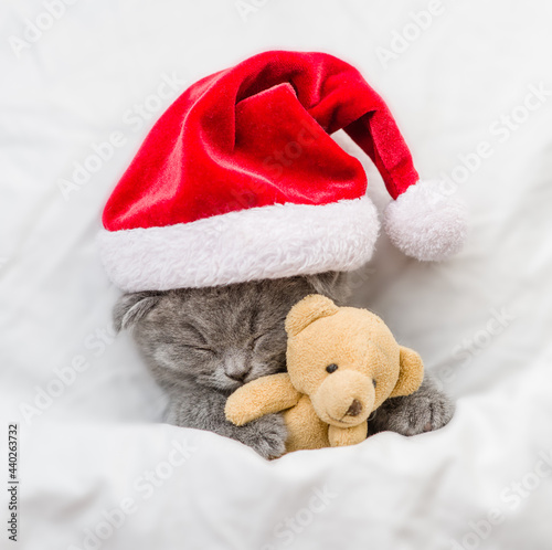 Funny kitten wearing red santa's hat sleeps under white blanket and hugs favorite toy bear