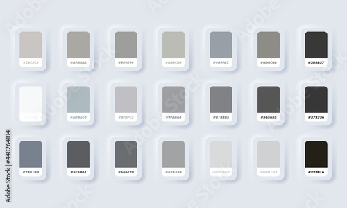 Grey pastel colour palette. Vector. Catalog samples grey in RGB HEX. Color Catalog. Neumorphic UI UX white user interface web button. Neumorphism. Vector EPS 10.