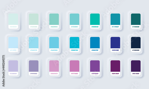 Blue and purple pastel colour palette. Vector. Catalog samples blue and purple in RGB HEX. Color Catalog. Neumorphic UI UX white user interface web button. Neumorphism. Vector EPS 10.