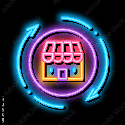 shop building round arrows neon light sign vector. Glowing bright icon shop building round arrows sign. transparent symbol illustration