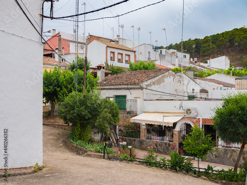 Pueblo rural con árboles, suelo de piedra y antenas en los tejados