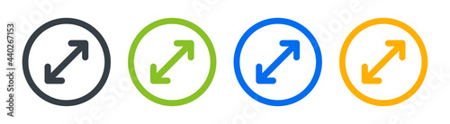 Resize arrow vector icon. Full screen arrow glyph icon on round design.