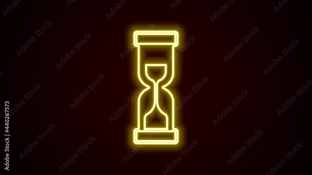 Glowing neon line Old hourglass with flowing sand icon isolated on black background. Sand clock sign. Business and time management concept. 4K Video motion graphic animation