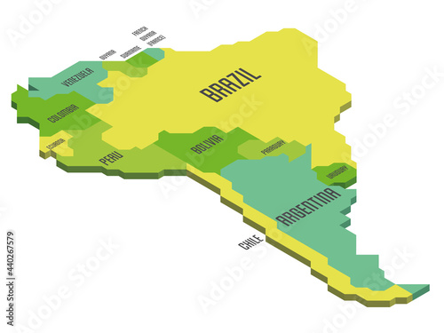 Isometric political map of South America. Colorful land with country name labels on white background. 3D vector illustration