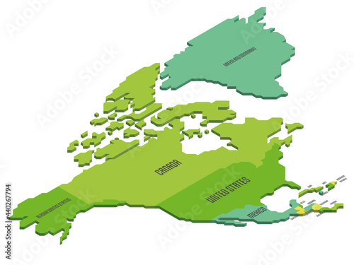 Isometric political map of North America. Colorful land with country name labels on white background. 3D vector illustration