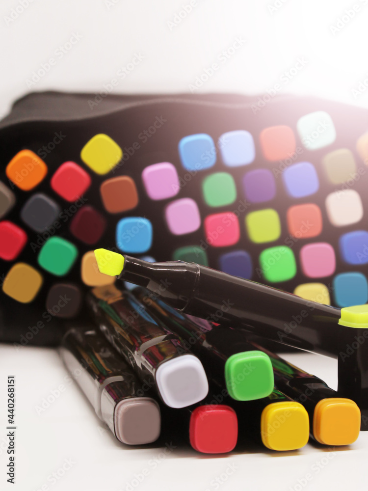 Yellow marker on the background of the creative kit Yellow marker on the background of the creative kit
