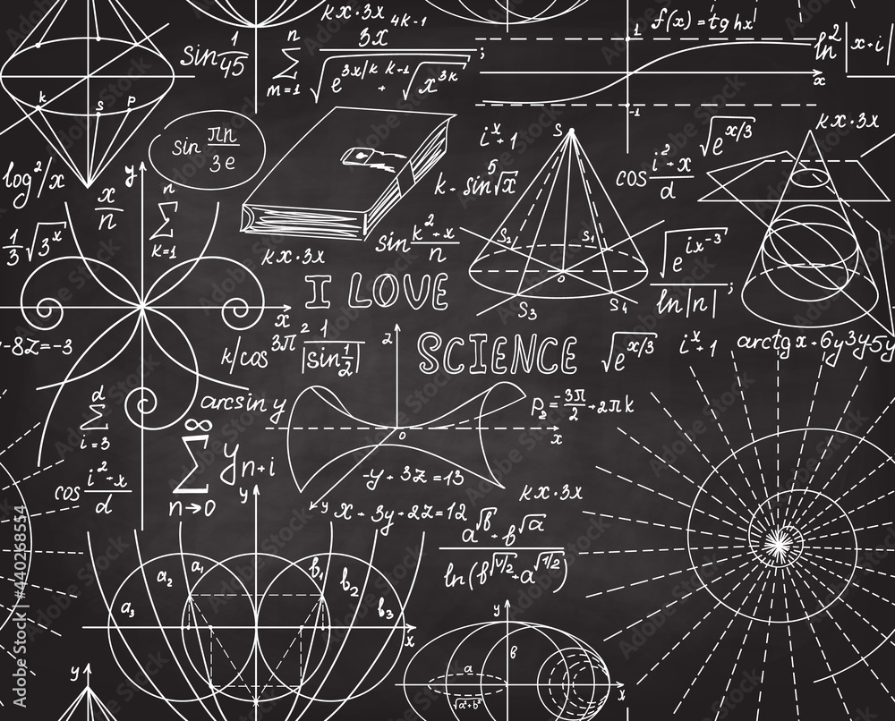 Scientific vector seamless pattern with math and physics formulas, calculations, equations, handwritten with chalk on a grey blackboard
Scientific vector seamless pattern with math and physics formulas, calculations, equations, handwritten with chalk on a grey blackboard