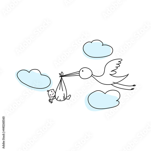 Doodle Sketch Stork With Baby