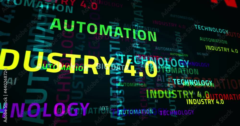 Industry 4.0 text abstract loop concept of technology and automation. Seamless, endless and looping 3d words animation.