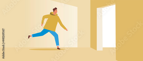 Run muzhzhin indoor, flat vector stock illustration with evacuation in the doorway as an emergency concept
