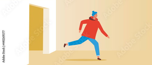 Run women indoor, flat vector stock illustration with evacuation in doorway as exit concept