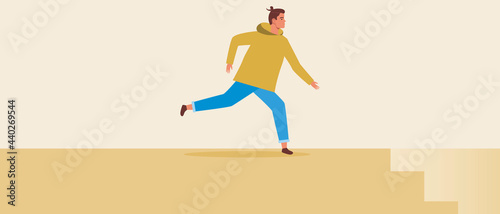 Run Man Down Stairs, Flat Vector Stock Illustration with Evacuation or Running Down Stairs
