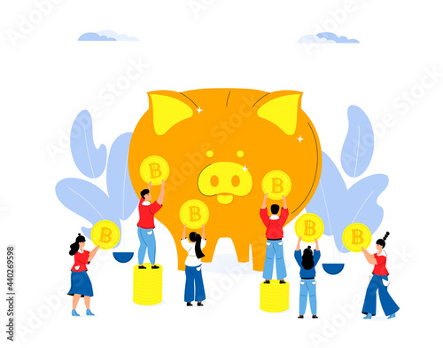 Accumulating money. Saving money concept. Tiny people put gold bitcoins in a large piggy bank