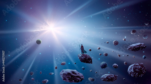 Magician standing, flying on asteroid belt with planet, stars and sun. Fantasy digital painting illustration, background. Element furnished by NASA. 3d rendering