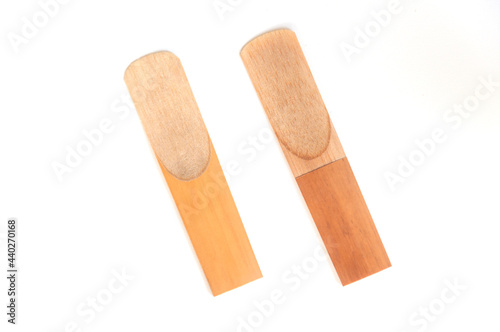 close-up saxophone reeds isolated on a white background