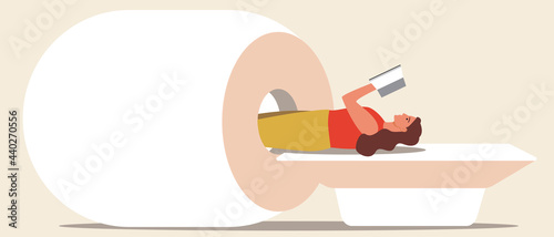 Woman on magnetic resonance imaging, flat vector stock illustration with patient diagnosis or mri