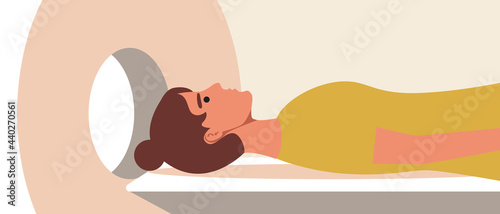 Woman on magnetic resonance imaging, head examination, flat vector stock illustration with patient examination as MRI concept