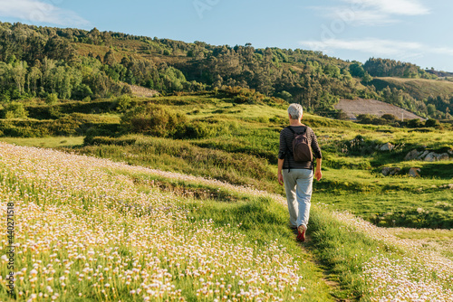 Obraz na plátně elderly woman doing low intensity exercise, walking through a field with flowers at sunset