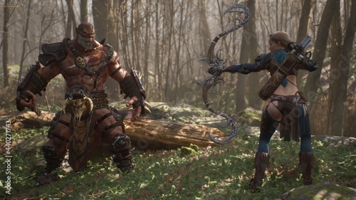 Fotografia An elven girl archer and a formidable giant orc prepare for battle