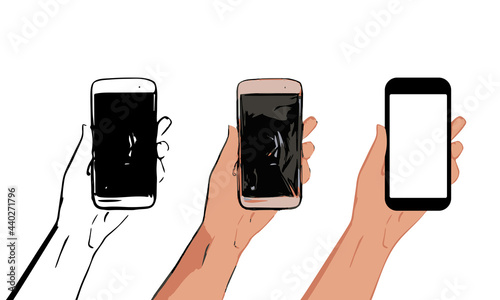 Vector set of hand drawn phone in different styles. Black and white sloppy sketch, freehand drawing in color and flat design. Template and mockup for an application or advertisement on a blank screen.