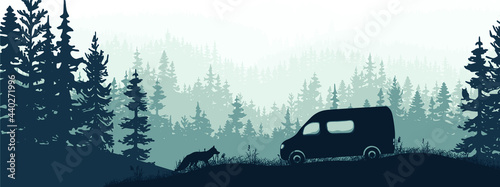 Horizontal banner. Van life. Van on meadow in forest, curious fox. Silhouette of trees, grass. Magical misty landscape, fog. Blue and gray illustration. Bookmark. photo