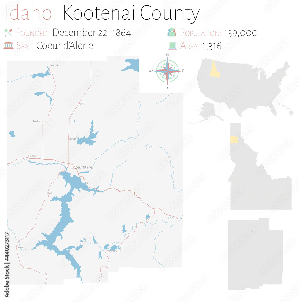 Large and detailed map of Kootenai county in Idaho, USA.