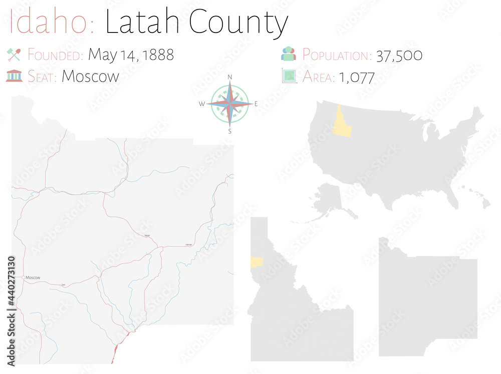 Large and detailed map of Latah county in Idaho, USA.