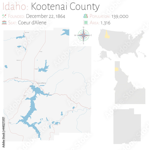 Large and detailed map of Kootenai county in Idaho, USA.