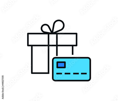 credit card and gift box. Gift card, earn reward, redeem gift, perks concept, vector icon, flat illustration