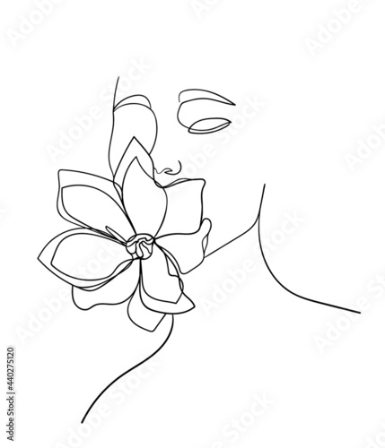 Beauty face with flower magnolia line drawing art. Abstract minimal portrait. - Vector illustration