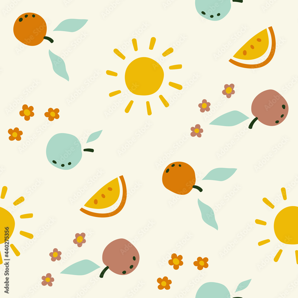 Seamless vector pattern with sun and fruits