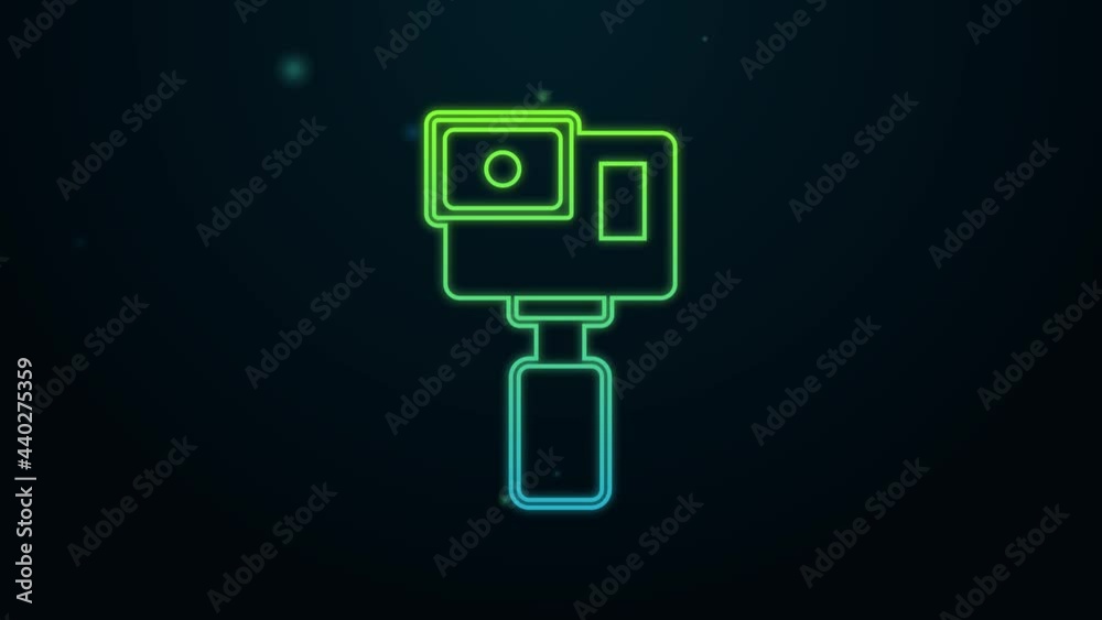 Glowing neon line Action extreme camera icon isolated on black background. Video camera equipment for filming extreme sports. 4K Video motion graphic animation Glowing neon line Action extreme camera icon isolated on black background. Video camera equipment for filming extreme sports. 4K Video motion graphic animation