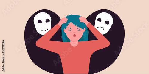 Schizophrenia in a young girl. Dissociative personality disorder. Borderline disorder in a woman. Vector illustration.