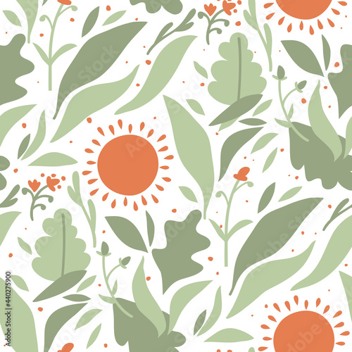 Seamless vector pattern with sun, plants and flowers 