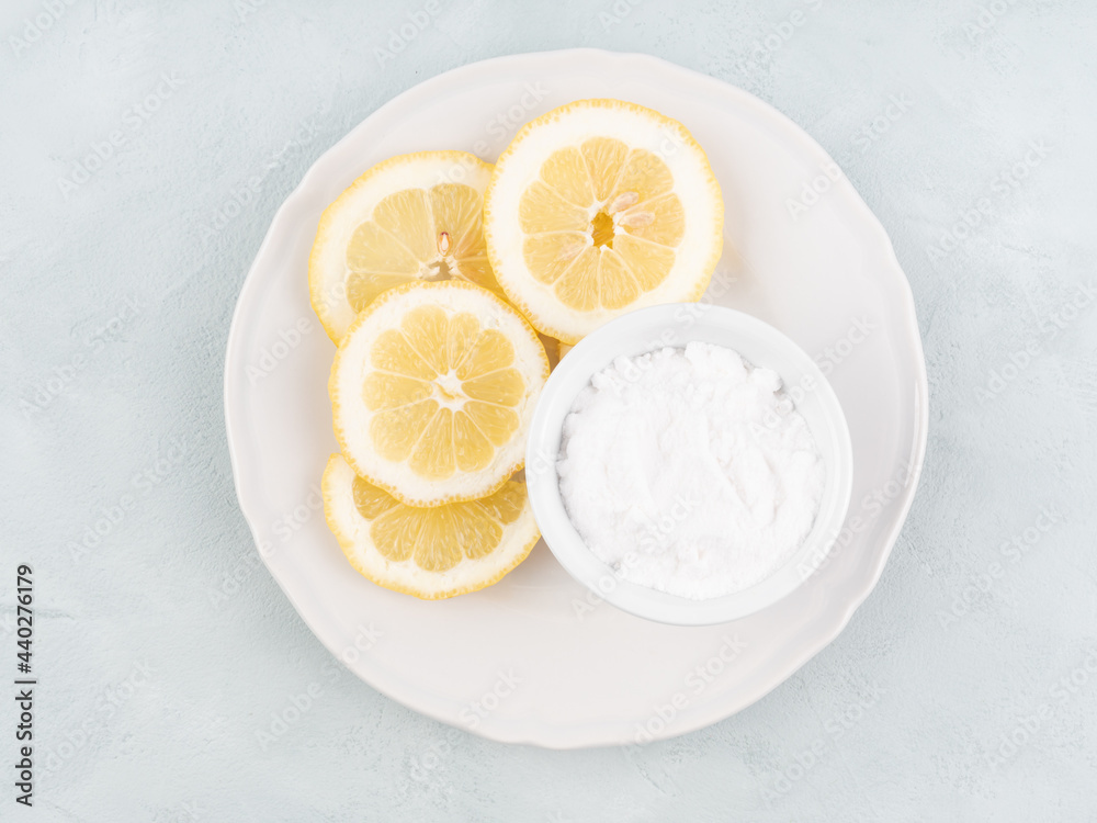 Zero waste plastic free dish house washing natural cleaning products lemon slices and baking soda